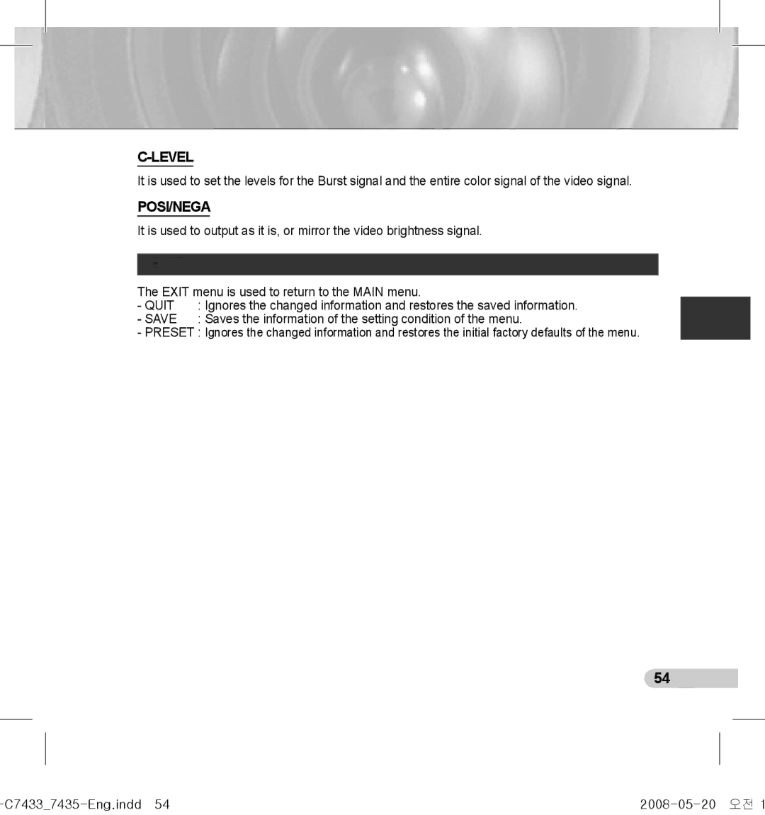 Samsung SCC-C7433(P), SCC-C7435(P) manual Posi/Nega, Exit menu is used to return to the Main menu, C74337435-Eng.indd54 