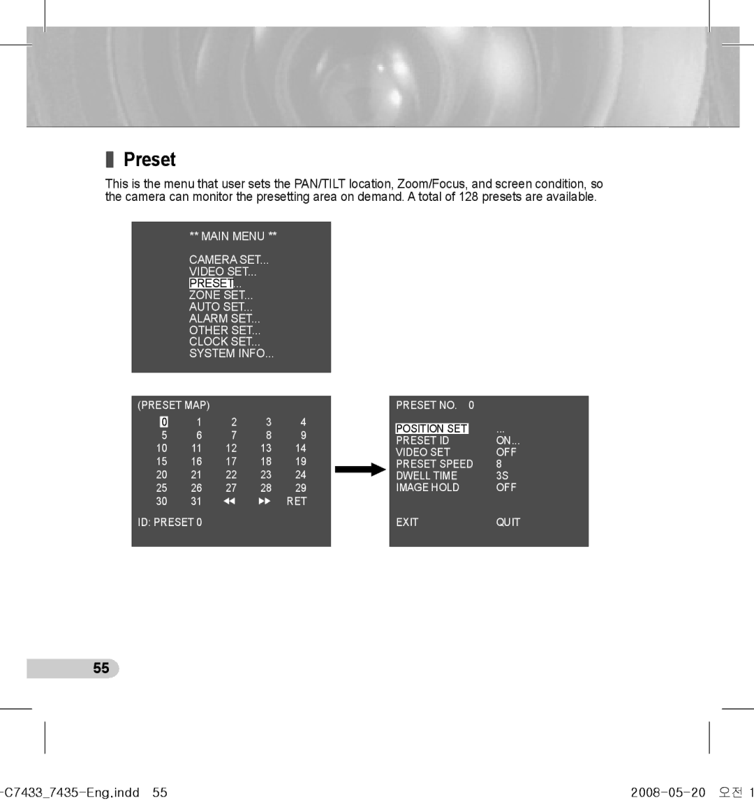 Samsung SCC-C7435(P), SCC-C7433(P) manual Preset, C74337435-Eng.indd55 