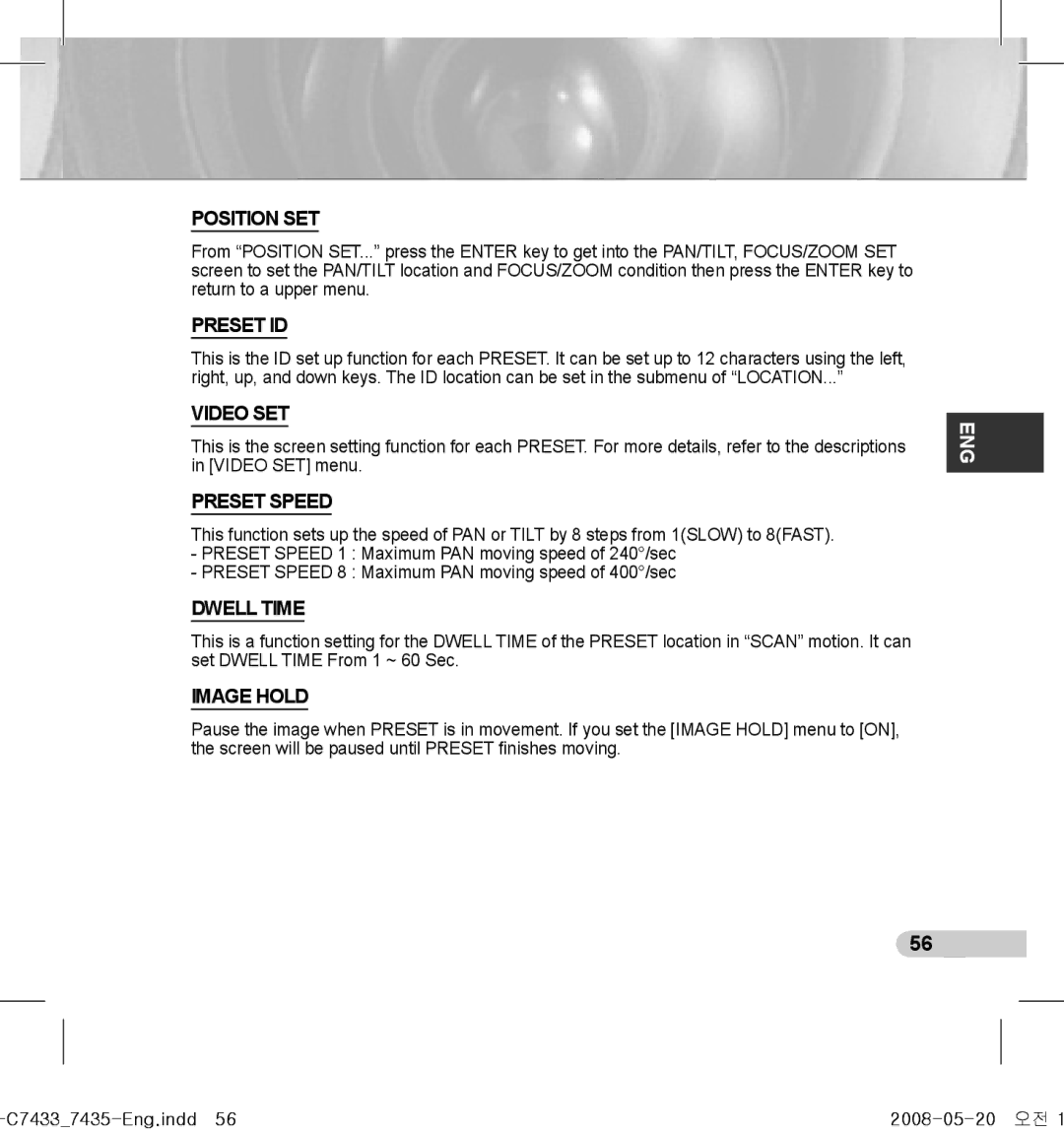 Samsung SCC-C7433(P), SCC-C7435(P) manual Position SET, Preset ID, Video SET, Preset Speed, Dwell Time, Image Hold 