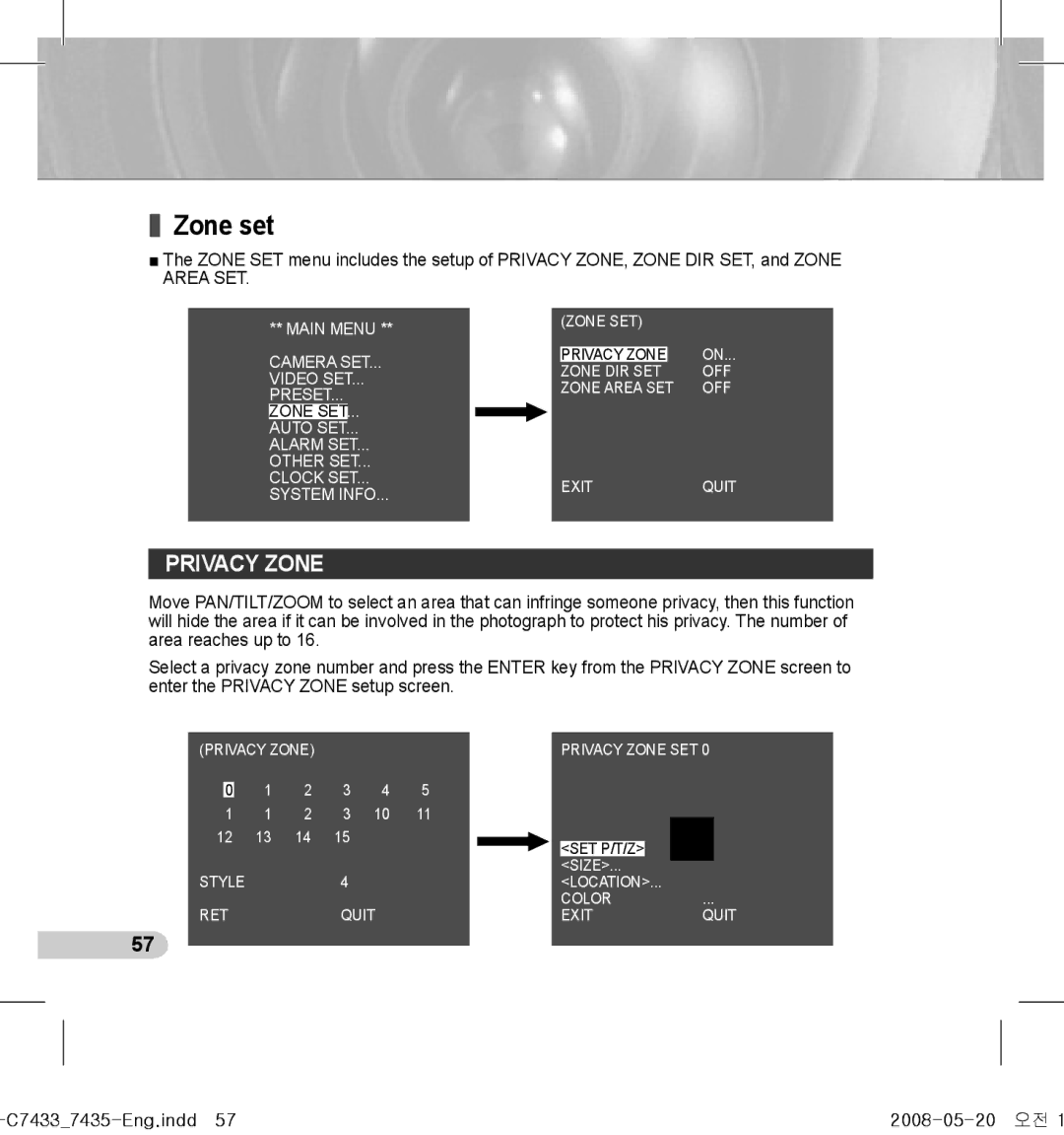 Samsung SCC-C7435(P), SCC-C7433(P) manual Zone set, Privacy Zone, C74337435-Eng.indd57 