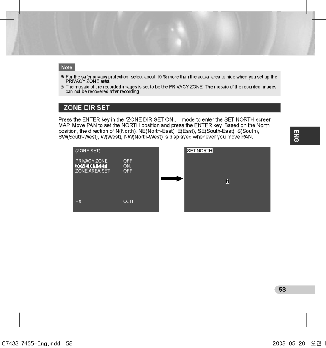 Samsung SCC-C7433(P), SCC-C7435(P) manual Zone DIR SET, C74337435-Eng.indd58 