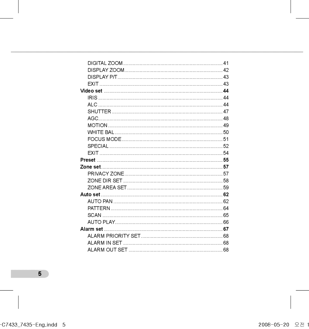 Samsung SCC-C7435(P), SCC-C7433(P) manual Video set, Preset Zone set, Auto set, Alarm set, C74337435-Eng.indd5 