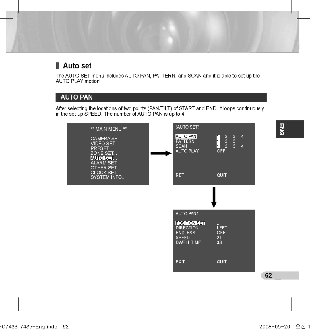 Samsung SCC-C7433(P), SCC-C7435(P) manual Auto set, Auto PAN, C74337435-Eng.indd62 