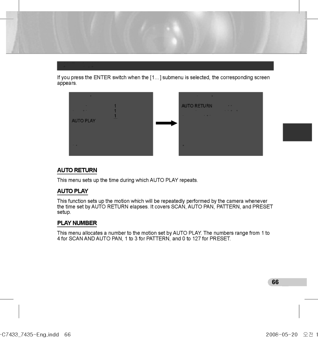 Samsung SCC-C7433(P), SCC-C7435(P) Auto Return, Play Number, This menu sets up the time during which Auto Play repeats 