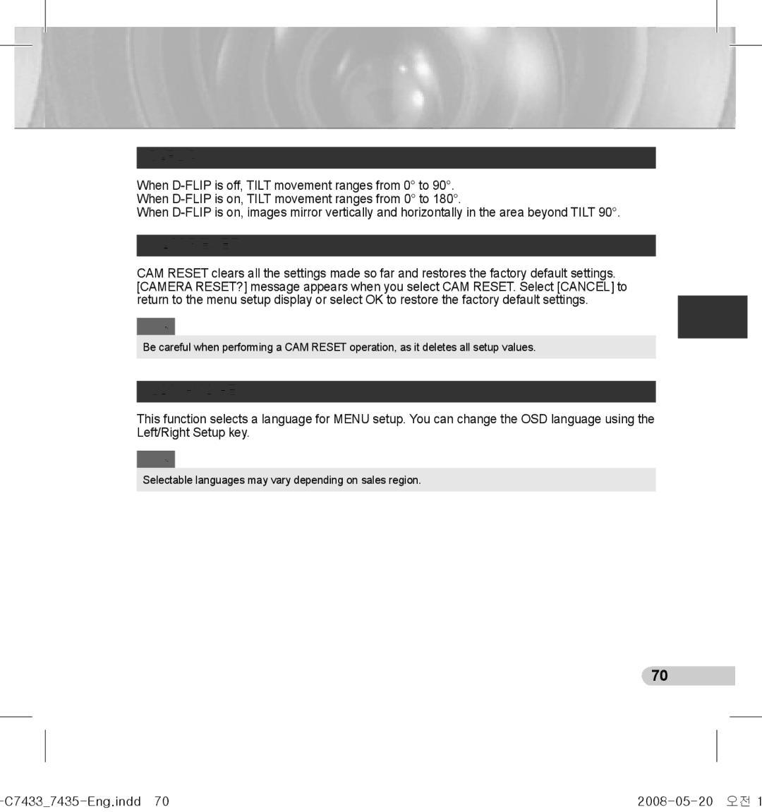 Samsung SCC-C7433(P), SCC-C7435(P) manual Flip, CAM Reset, Language, C74337435-Eng.indd70 