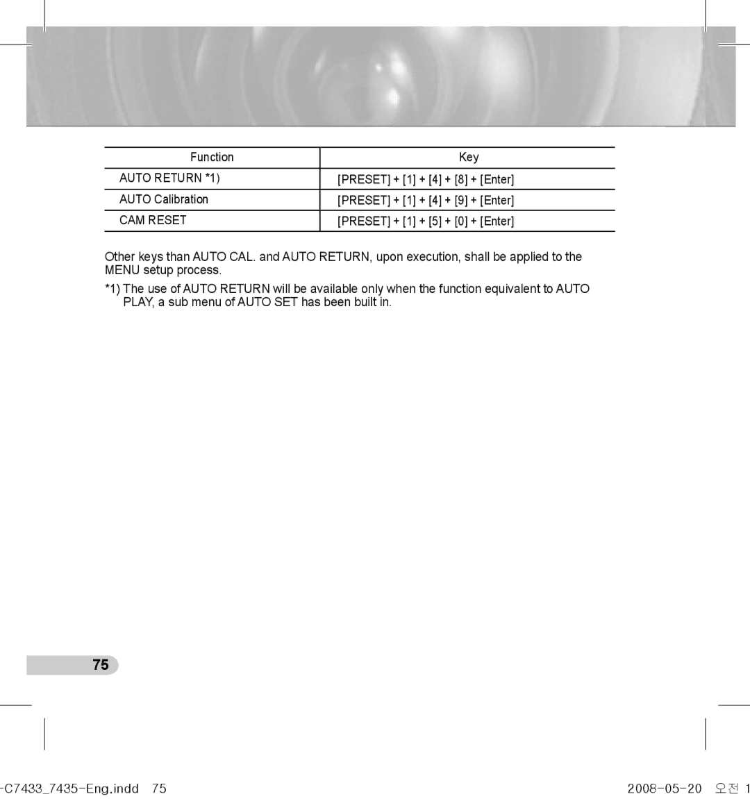 Samsung SCC-C7435(P), SCC-C7433(P) Function Key, Preset + 1 + 4 + 8 + Enter, Auto Calibration Preset + 1 + 4 + 9 + Enter 