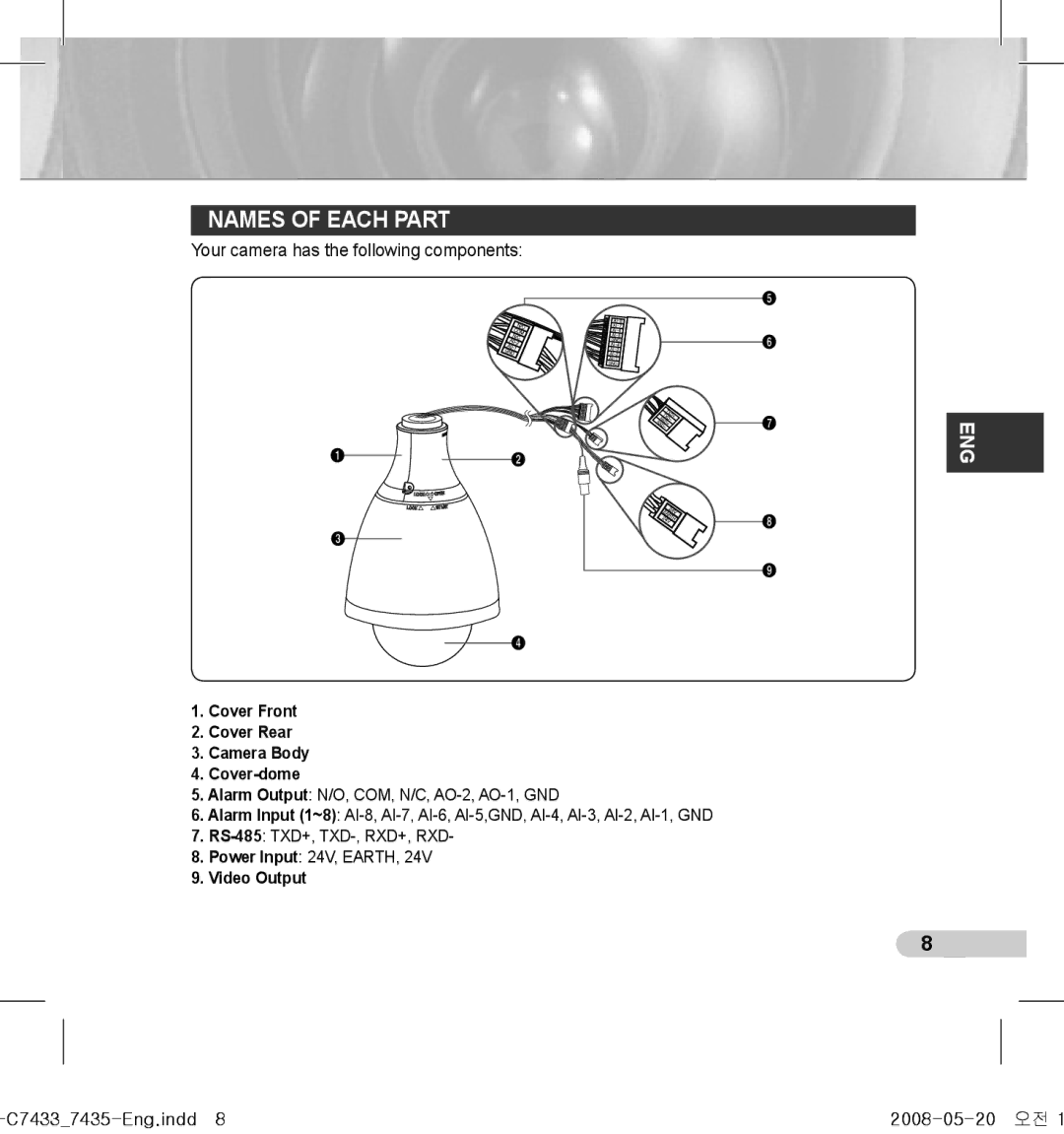 Samsung SCC-C7433(P), SCC-C7435(P) Names of Each Part, Your camera has the following components, C74337435-Eng.indd8 