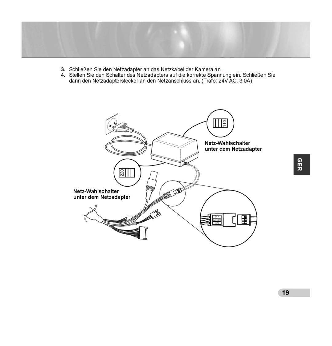 Samsung SCC-C7435P manual Netz-Wahlschalter unter dem Netzadapter 