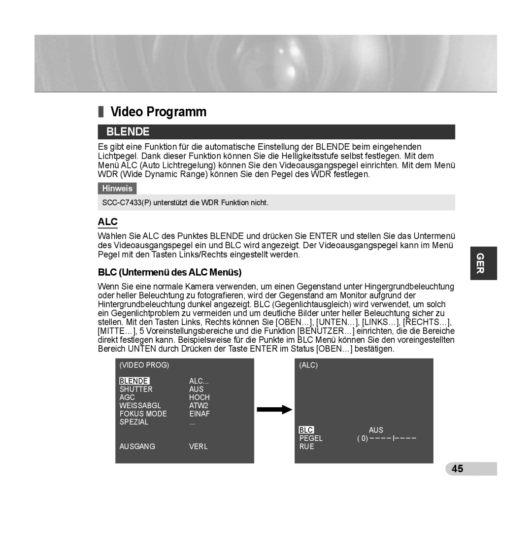 Samsung SCC-C7435P manual Video Programm, Blende, Alc 