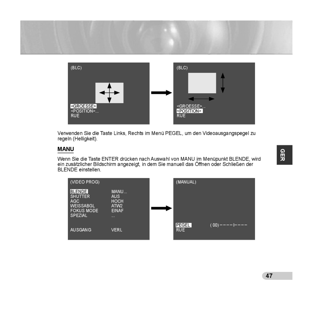 Samsung SCC-C7435P manual BLC Groesse Position RUE 