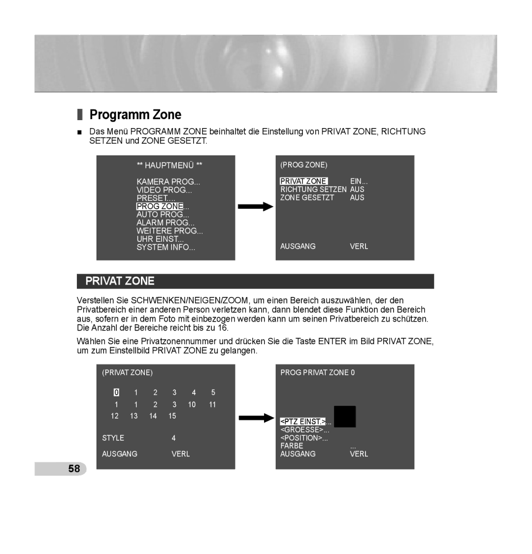 Samsung SCC-C7435P manual Programm Zone, Privat Zone 