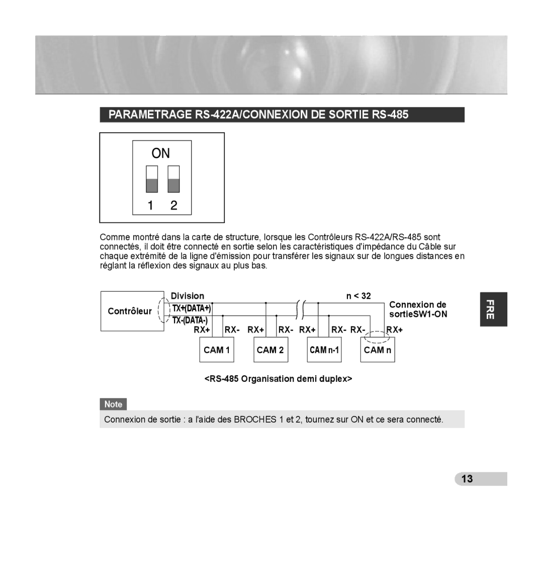 Samsung SCC-C7435P manual Parametrage RS-422A/CONNEXION DE Sortie RS-485, Rx- Rx Rx+ Cam 