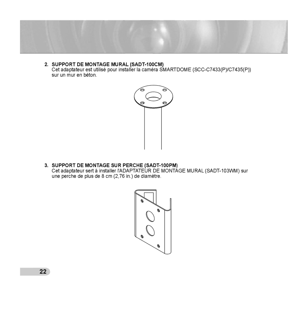 Samsung SCC-C7435P manual Support DE Montage Mural SADT-100CM, Support DE Montage SUR Perche SADT-100PM 