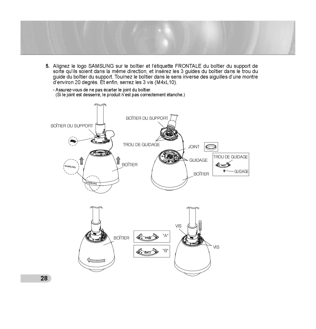 Samsung SCC-C7435P manual Boîtier DU Support Trou DE Guidage 