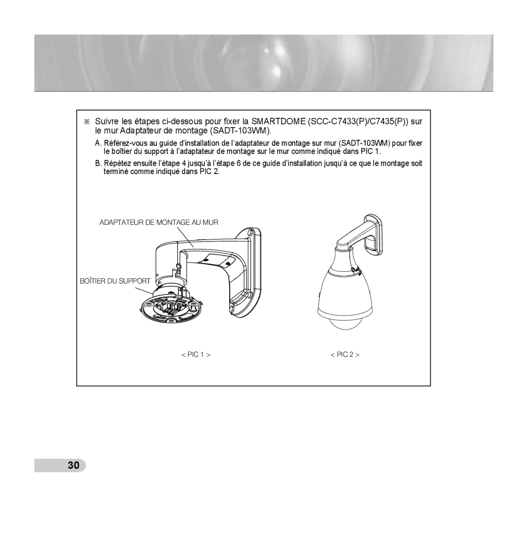 Samsung SCC-C7435P manual Adaptateur DE Montage AU MUR Boîtier DU Support 