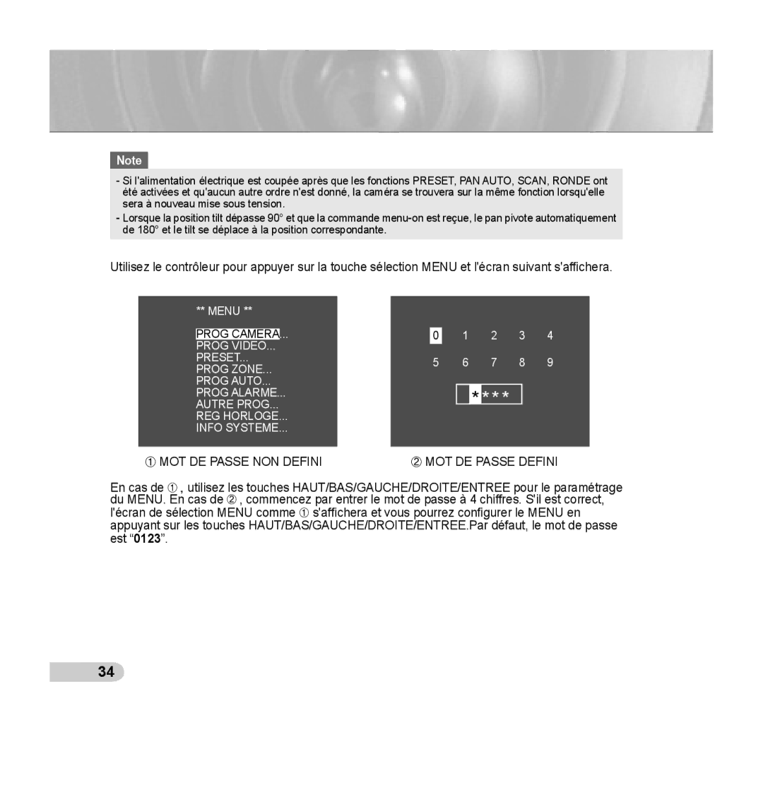 Samsung SCC-C7435P manual ① MOT DE Passe NON Defini ② MOT DE Passe Defini 