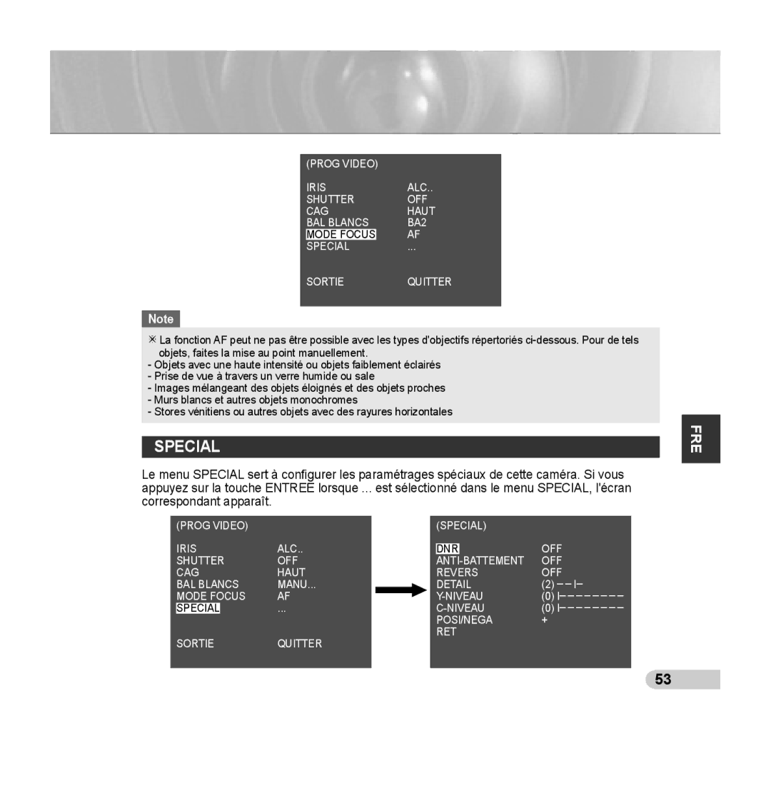 Samsung SCC-C7435P manual Prog Video Special Iris ALC OFF DNR Shutter 