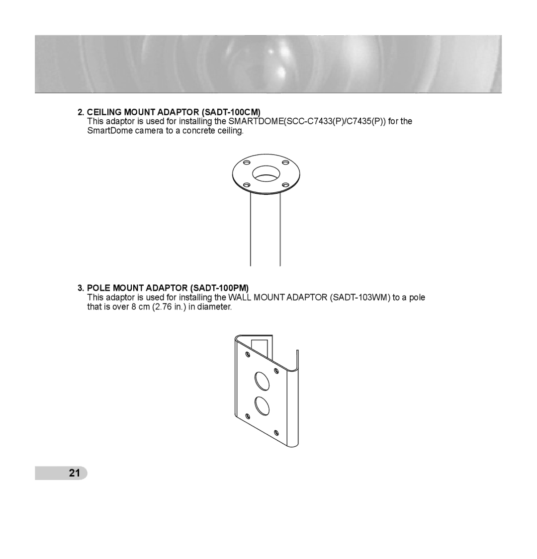 Samsung SCC-C7435P manual Ceiling Mount Adaptor SADT-100CM, Pole Mount Adaptor SADT-100PM 