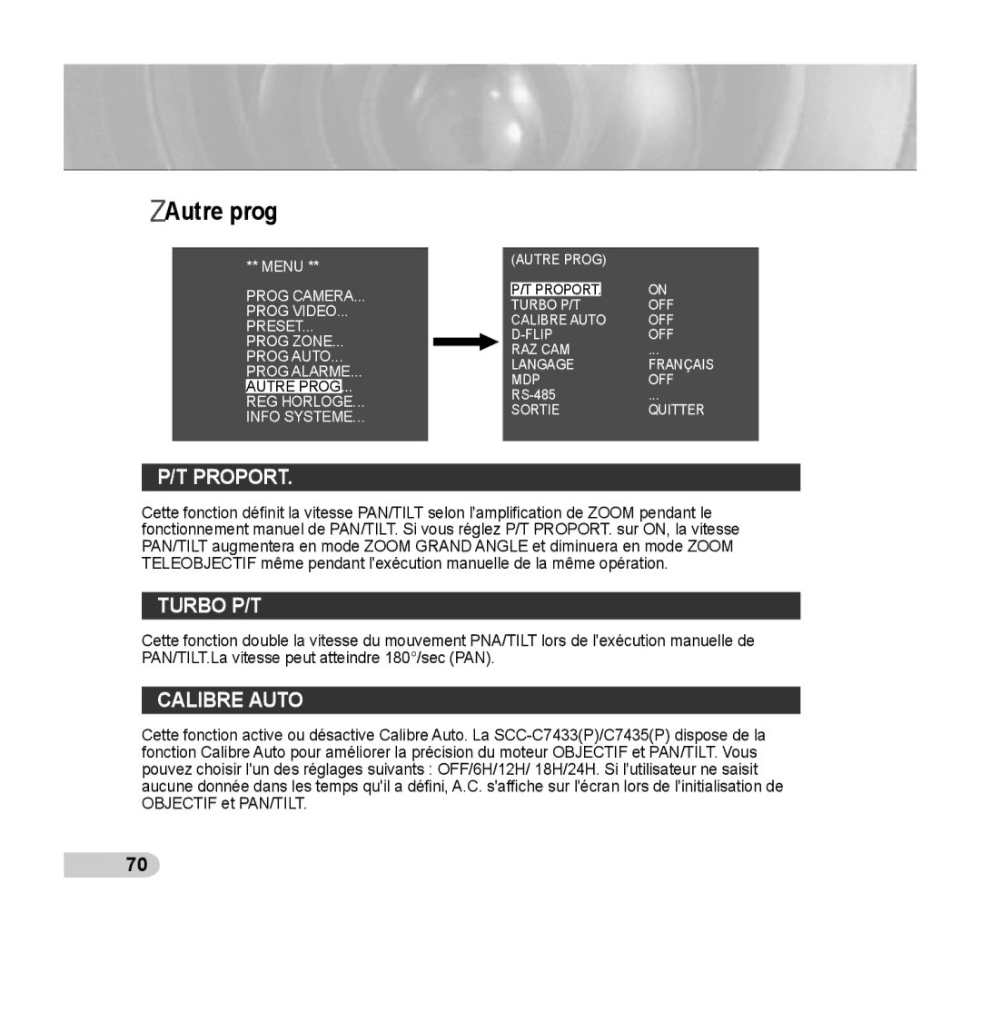 Samsung SCC-C7435P manual Autre prog, Proport, Calibre Auto 