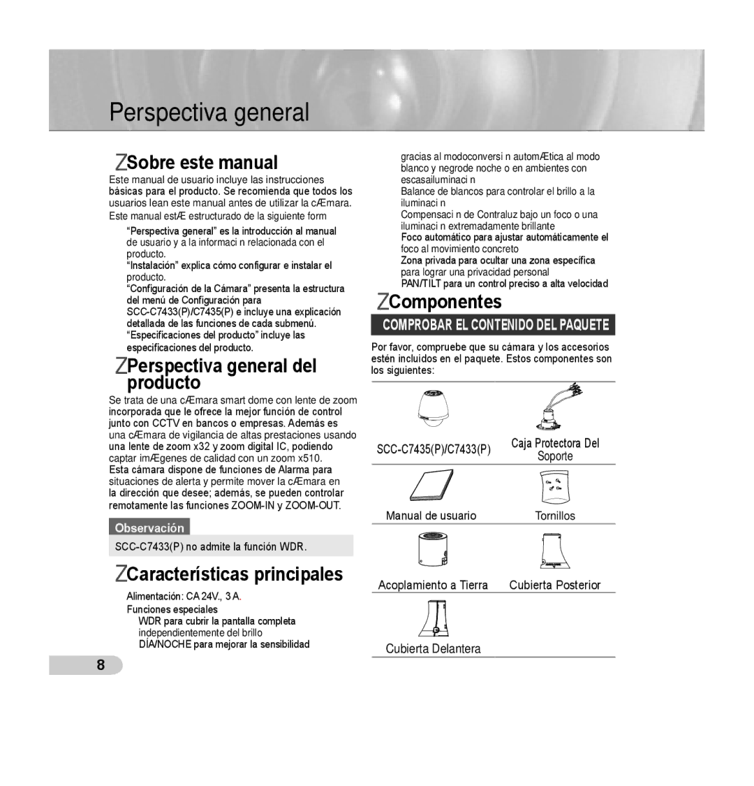 Samsung SCC-C7435P Sobre este manual, Perspectiva general del producto, Características principales, Componentes 