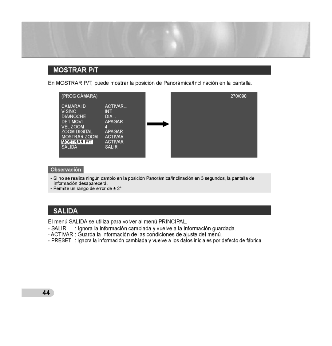 Samsung SCC-C7435P manual Mostrar P/T, Salida 