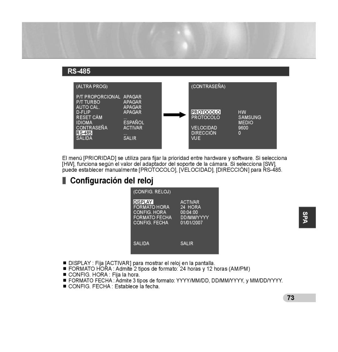 Samsung SCC-C7435P manual Configuración del reloj 