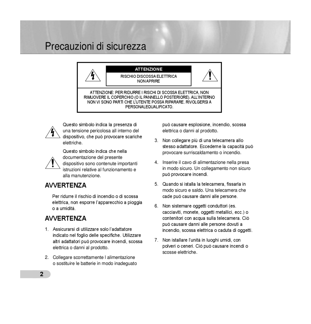 Samsung SCC-C7435P manual Precauzioni di sicurezza, Attenzione 