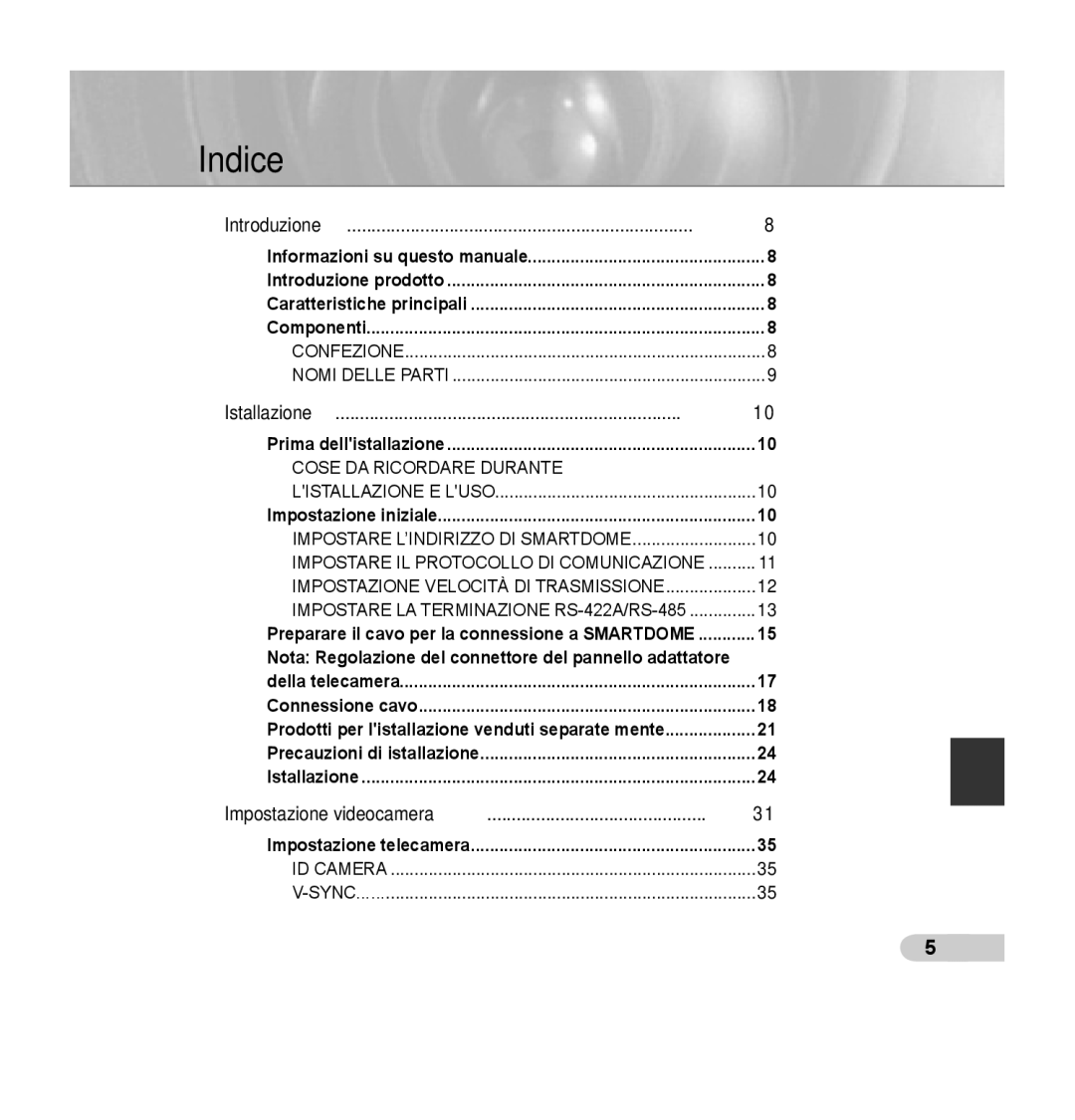 Samsung SCC-C7435P manual Indice, Confezione, Cose DA Ricordare Durante Listallazione E Luso, ID Camera Sync 