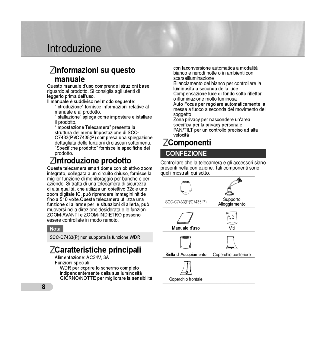 Samsung SCC-C7435P manual Informazioni su questo Manuale, Introduzione prodotto, Caratteristiche principali, Componenti 