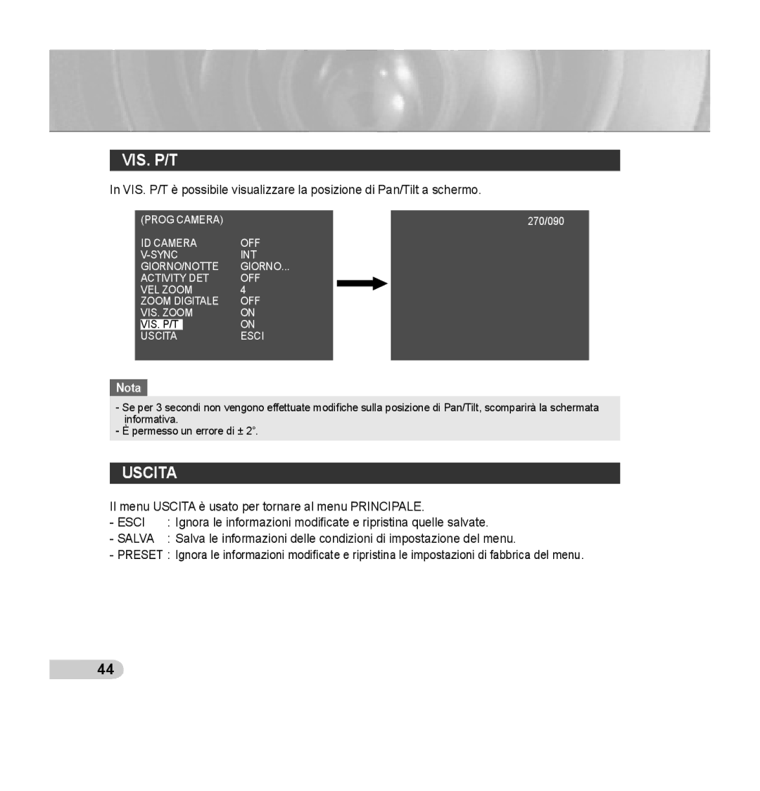 Samsung SCC-C7435P manual Vis. P/T, Uscita 