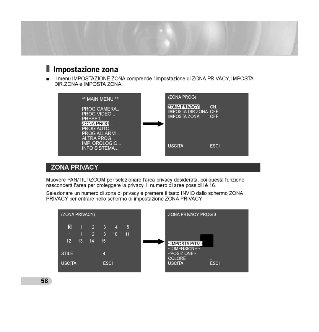 Samsung SCC-C7435P manual Impostazione zona, Zona Privacy 