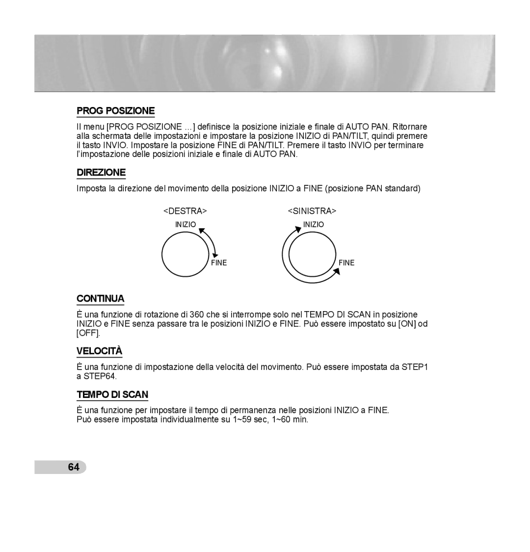 Samsung SCC-C7435P manual Direzione, Continua, Velocità 