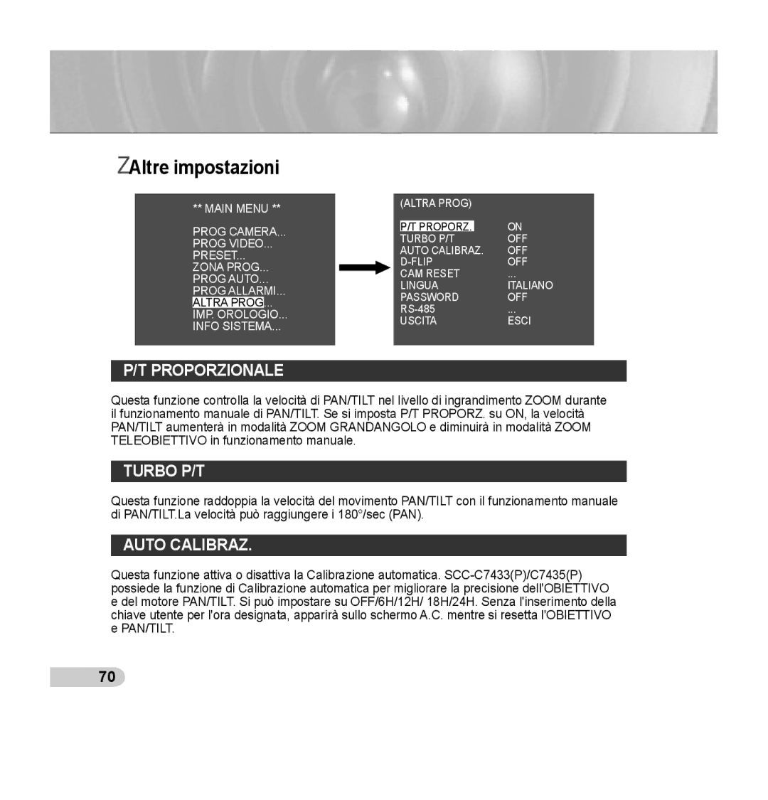 Samsung SCC-C7435P manual Altre impostazioni, Proporzionale, Auto Calibraz 