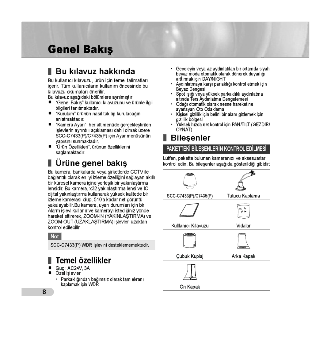 Samsung SCC-C7435P manual Genel Bakış, Bu kılavuz hakkında, Ürüne genel bakış, Temel özellikler, Bileşenler 