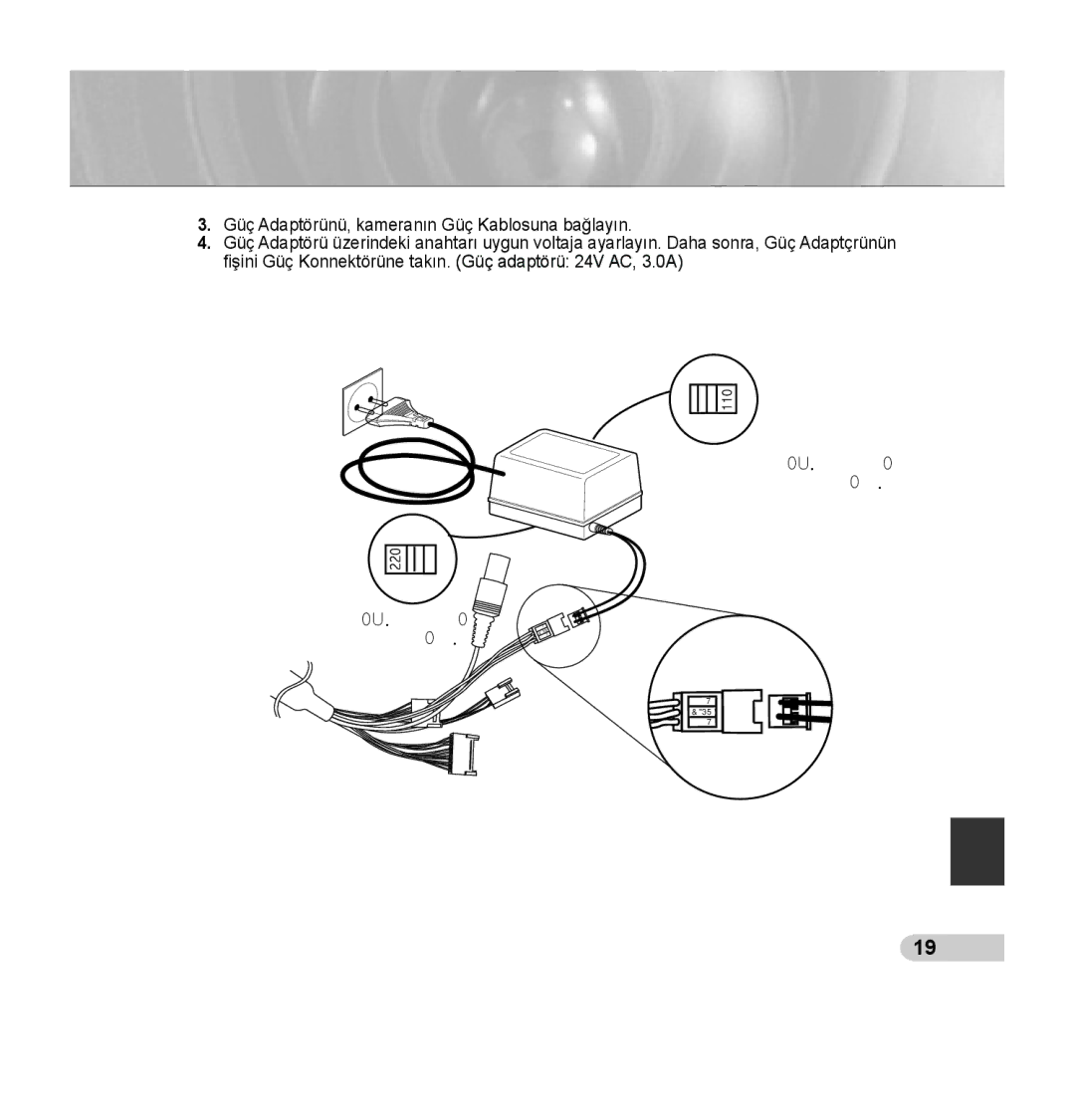 Samsung SCC-C7435P manual Güç Adaptörü altındaki Güç Seçimi Anahtarı 