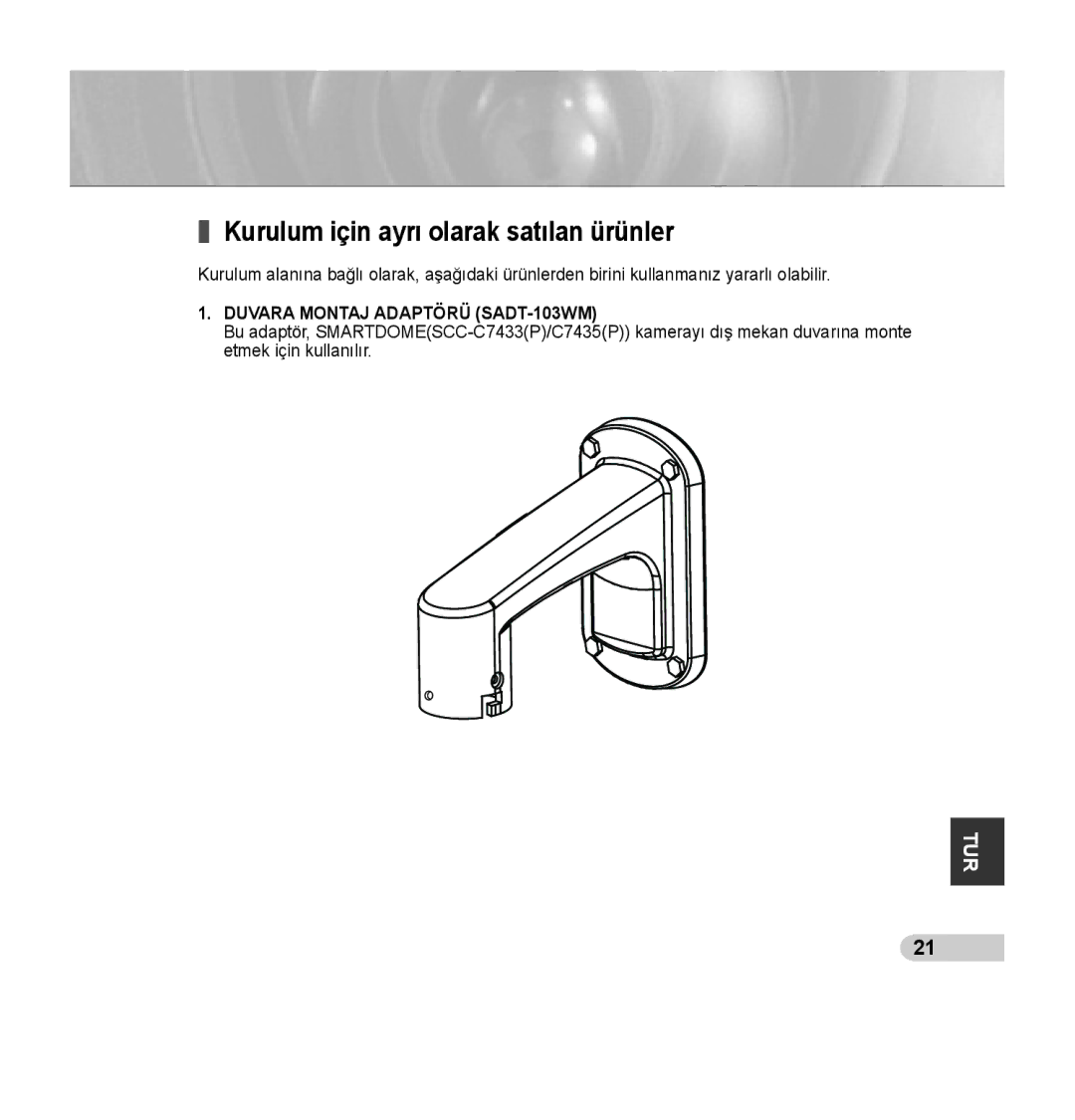 Samsung SCC-C7435P manual Kurulum için ayrı olarak satılan ürünler, Duvara Montaj Adaptörü SADT-103WM 