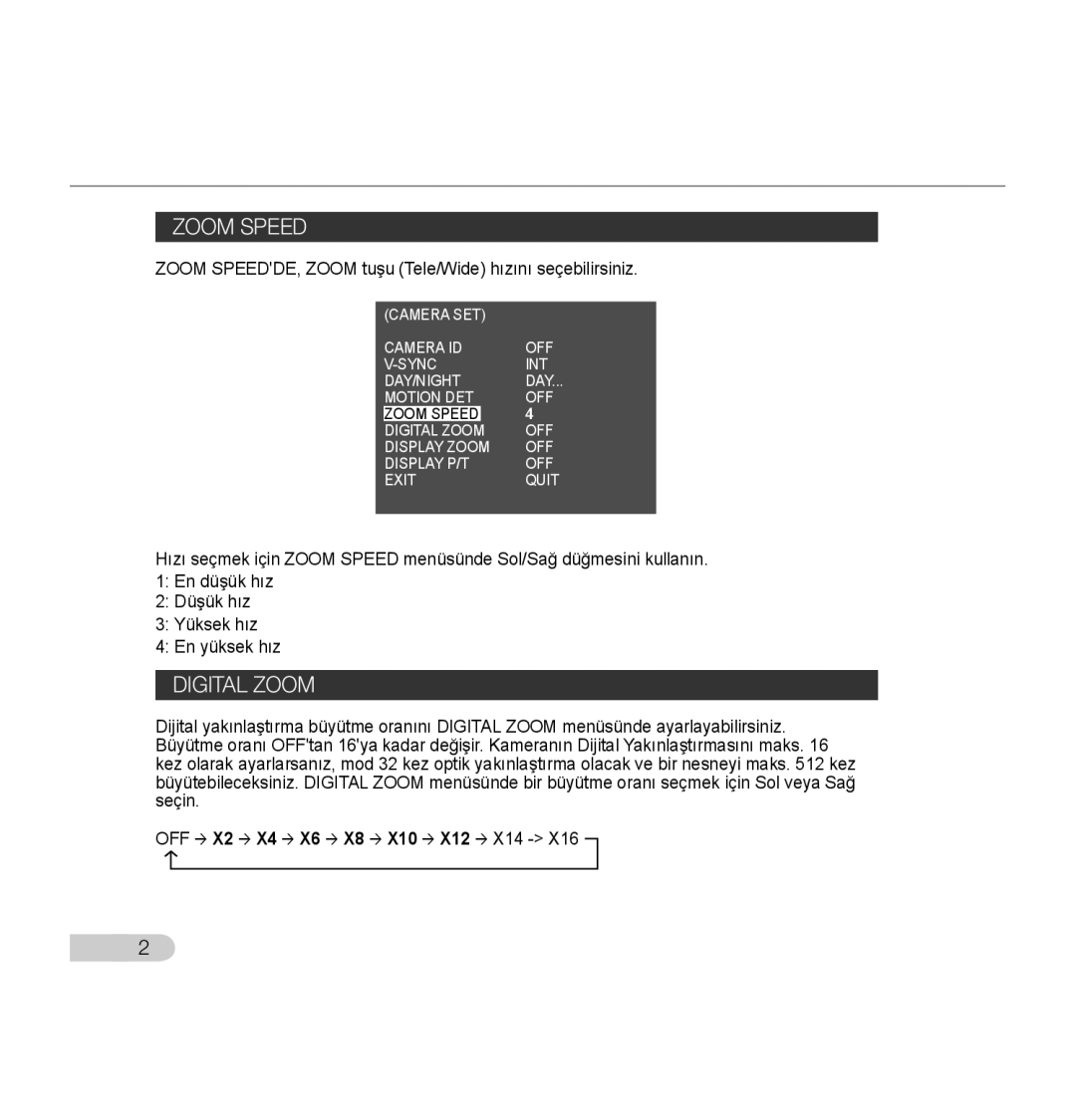 Samsung SCC-C7435P manual Zoom SPEEDDE, Zoom tuşu Tele/Wide hızını seçebilirsiniz 