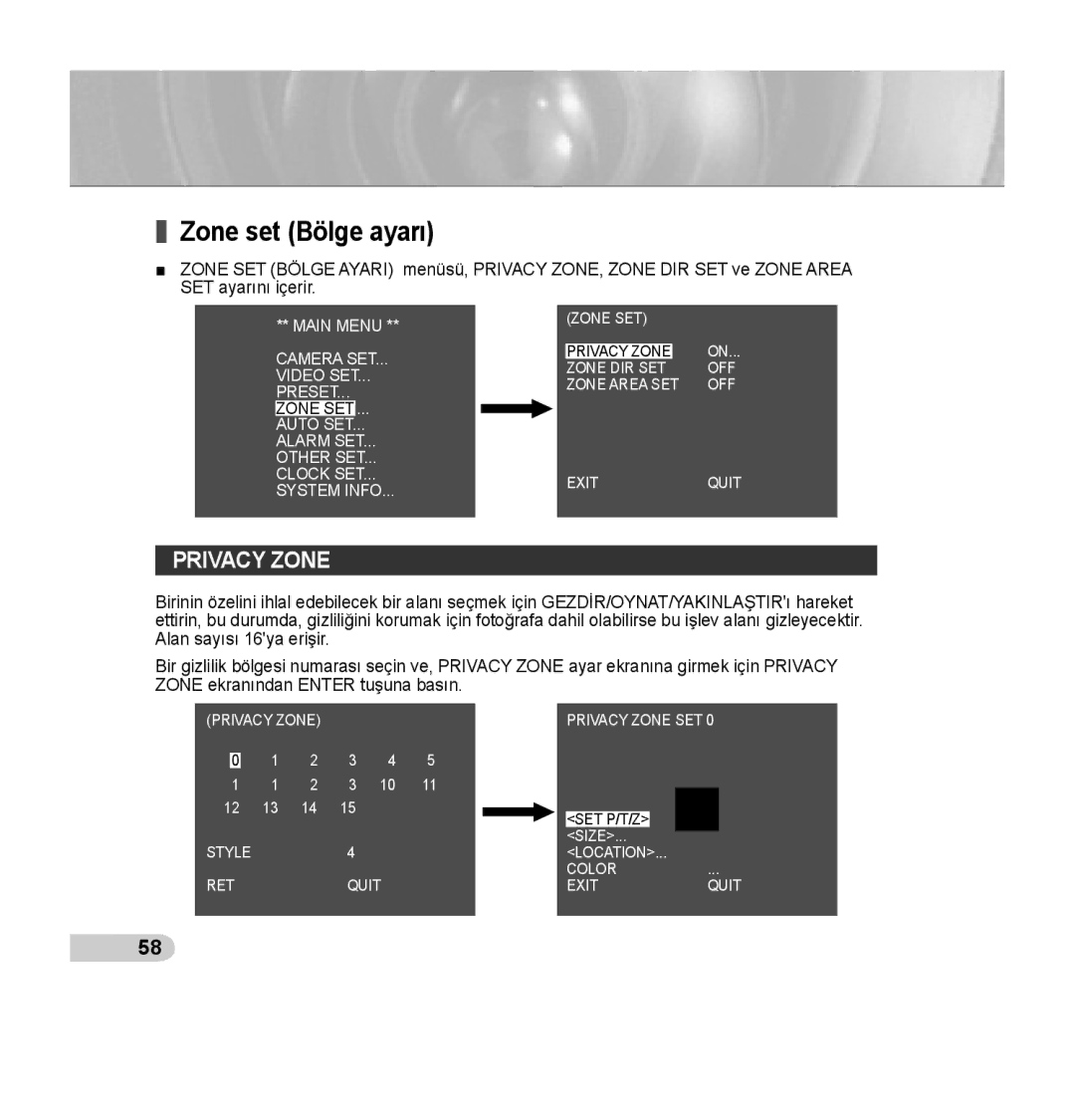 Samsung SCC-C7435P manual Zone set Bölge ayarı, Privacy Zone 