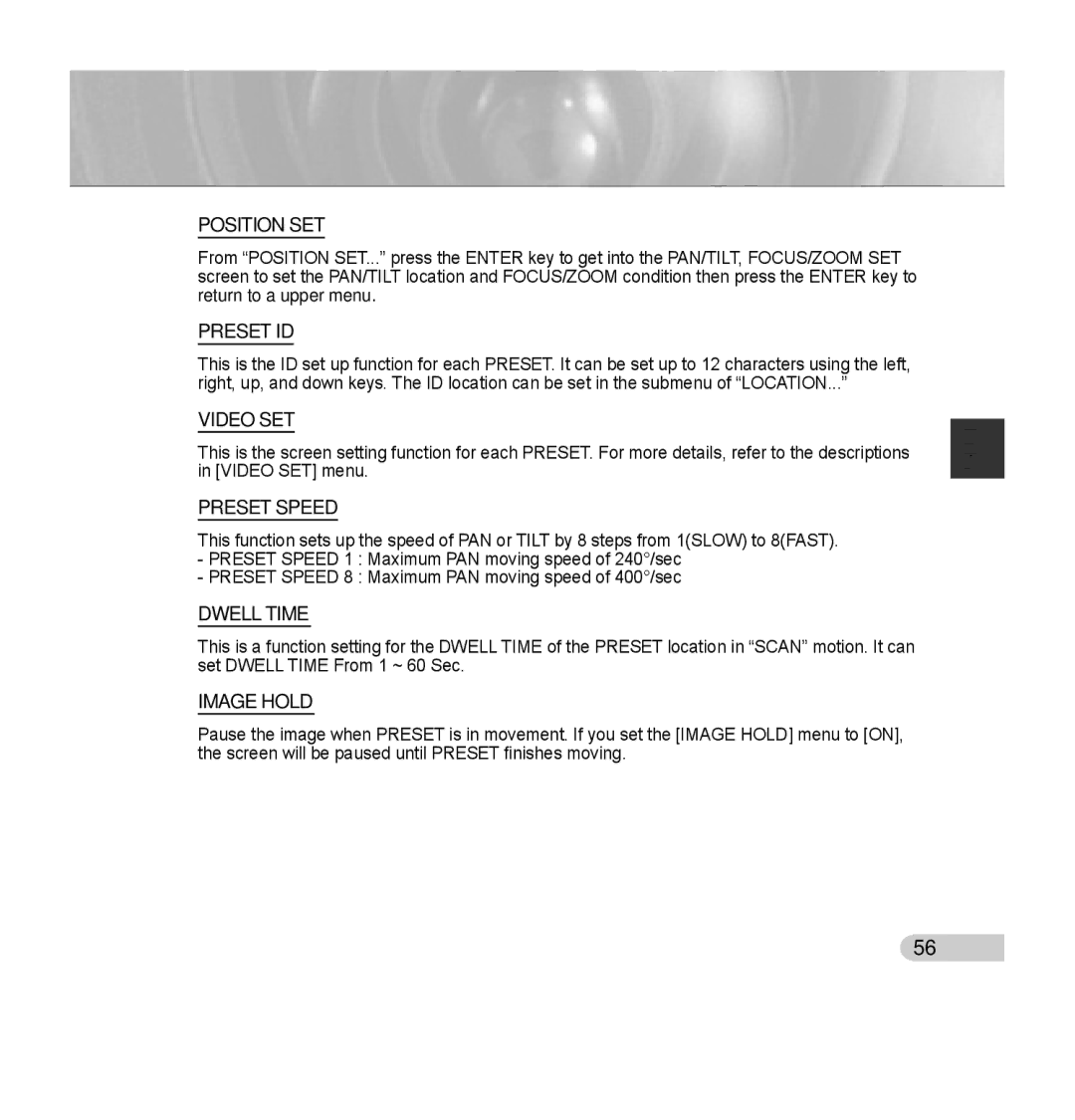 Samsung SCC-C7435P manual Position SET, Preset ID, Video SET, Preset Speed, Dwell Time, Image Hold 