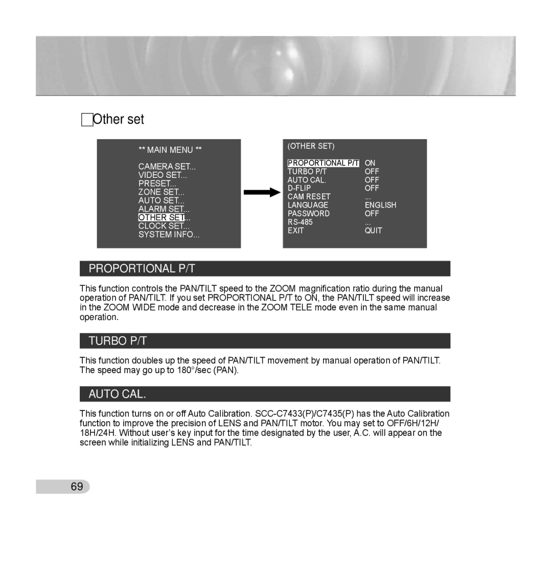 Samsung SCC-C7435P manual Other set, Proportional P/T, Turbo P/T, Auto CAL 