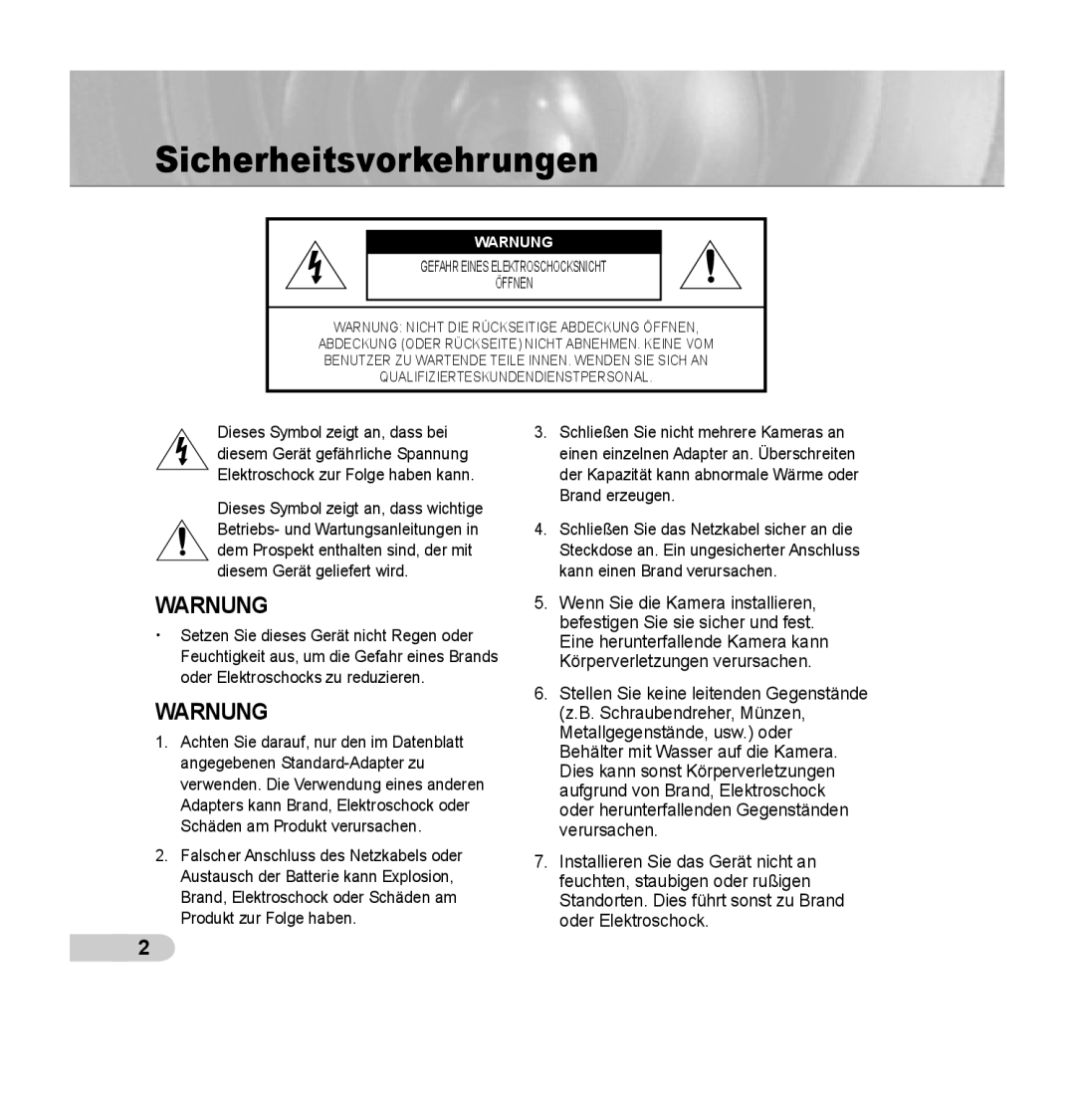 Samsung SCC-C7435P manual Sicherheitsvorkehrungen, Warnung 