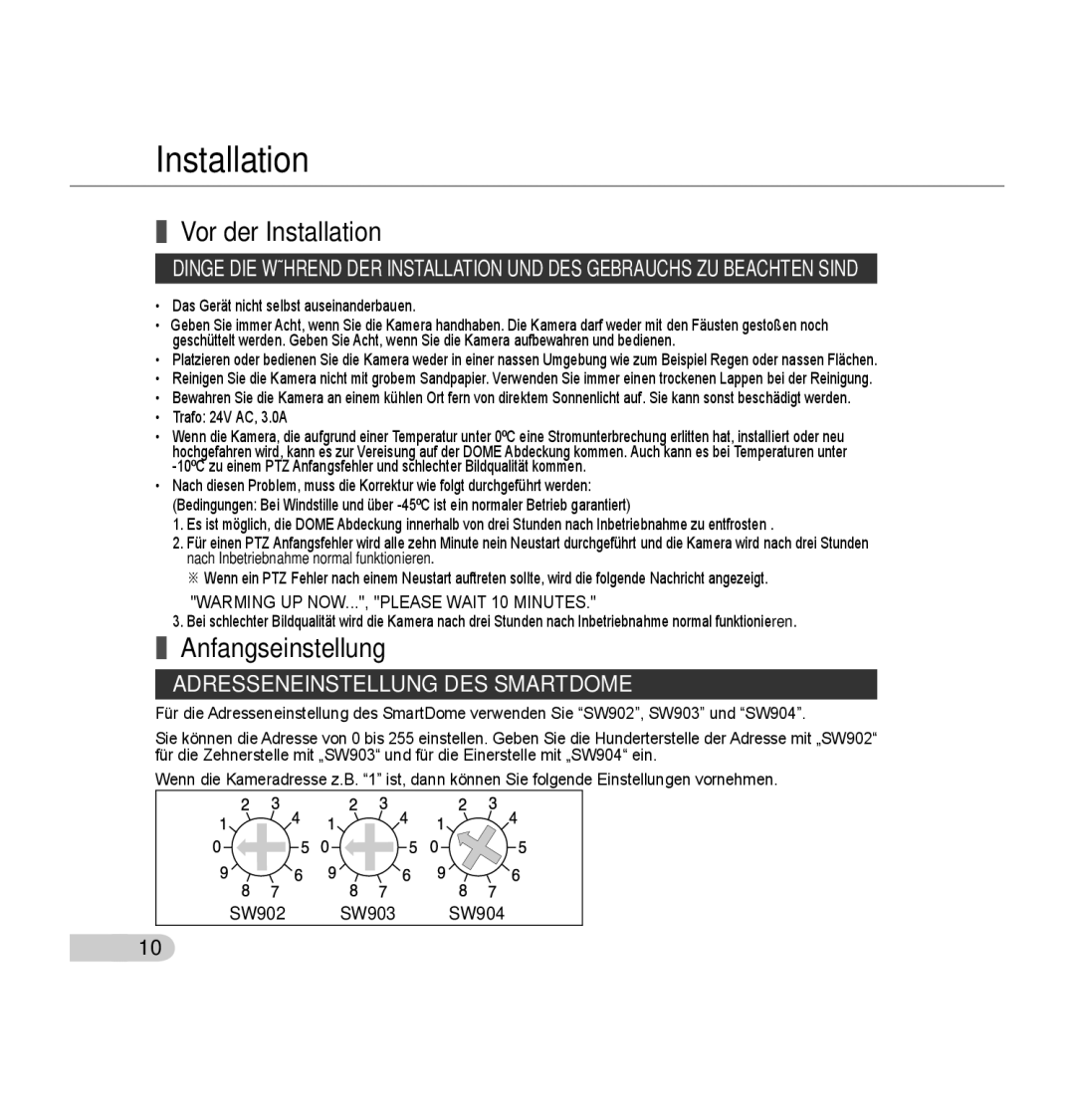 Samsung SCC-C7435P manual Vor der Installation, Anfangseinstellung, Adresseneinstellung DES Smartdome 