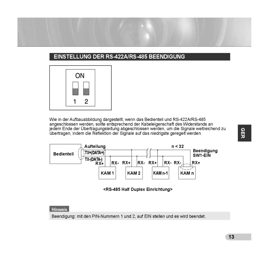 Samsung SCC-C7435P manual Einstellung DER RS-422A/RS-485 Beendigung, TX+DATA+ SW1-EIN TX-DATA RX+ RX RX+ RX- RX KAM 