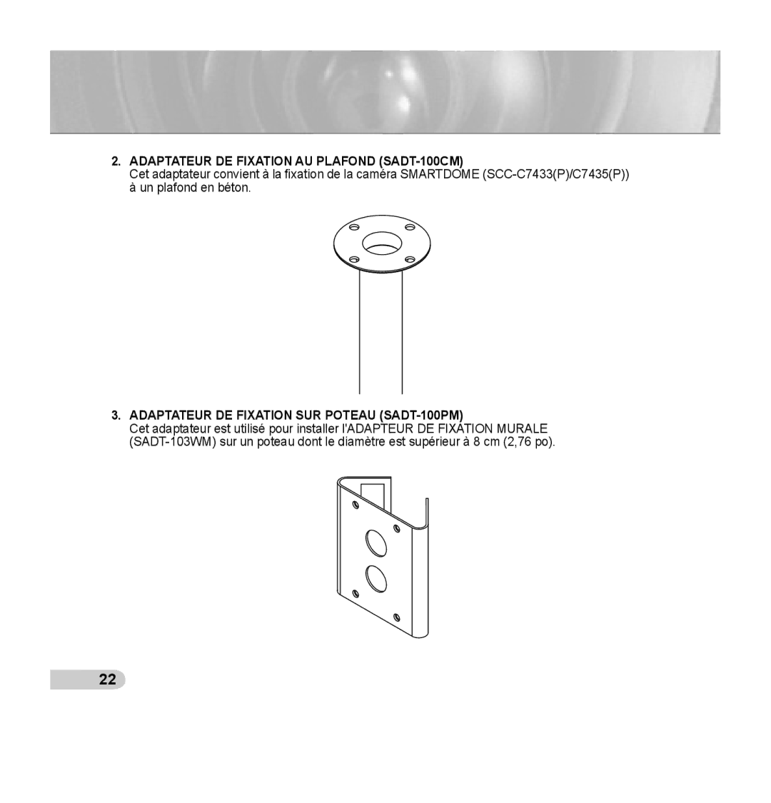 Samsung SCC-C7435P manual Adaptateur DE Fixation AU Plafond SADT-100CM 