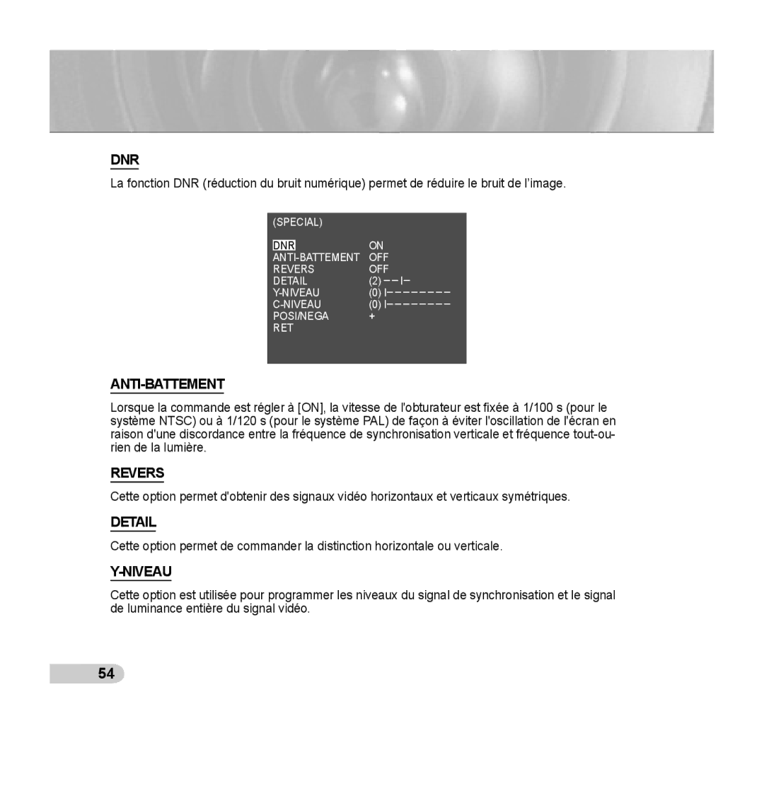 Samsung SCC-C7435P manual Anti-Battement, Revers, Niveau 