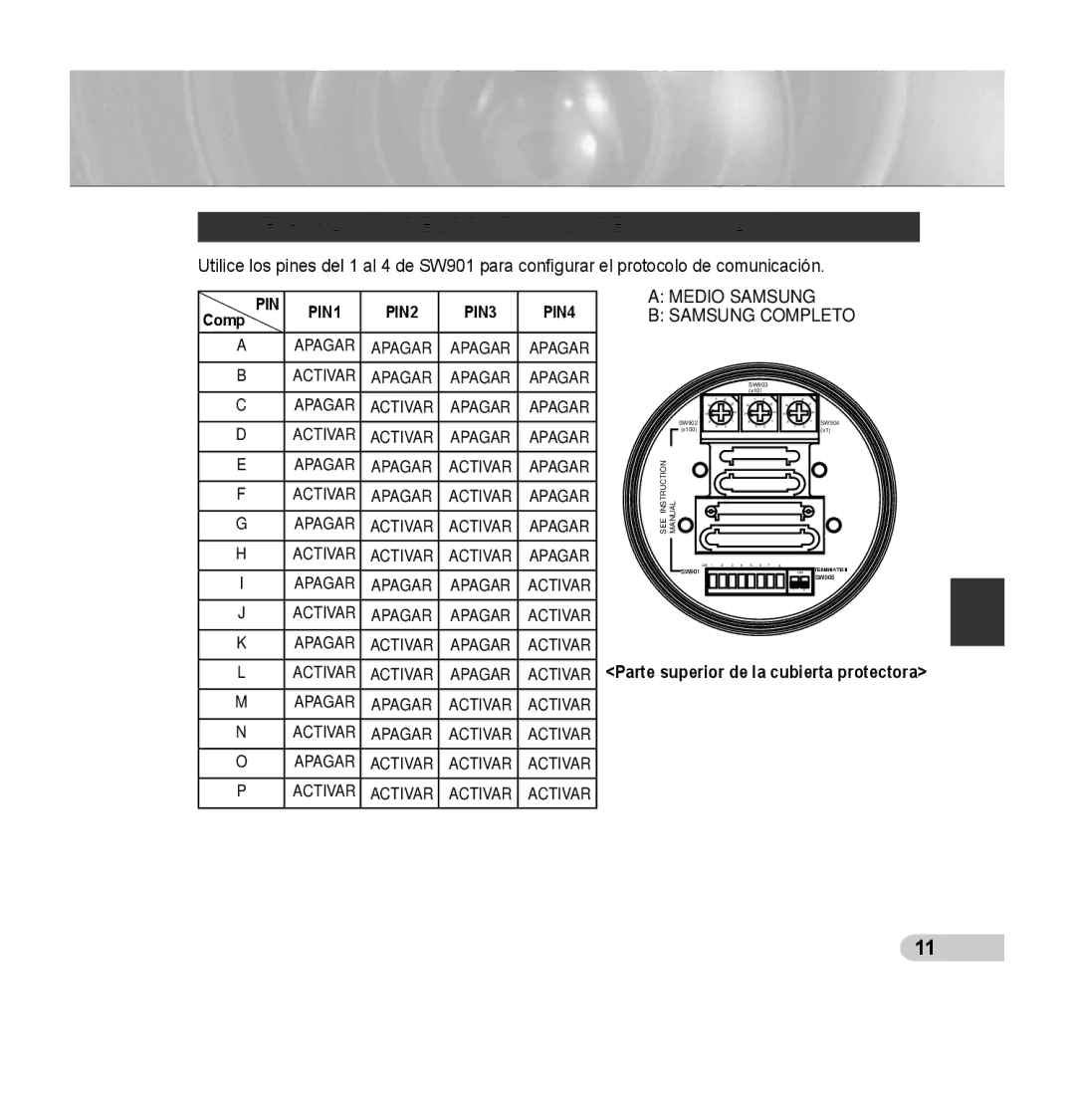 Samsung SCC-C7435P manual Configuración DEL Protocolo DE Comunicación, Pin 