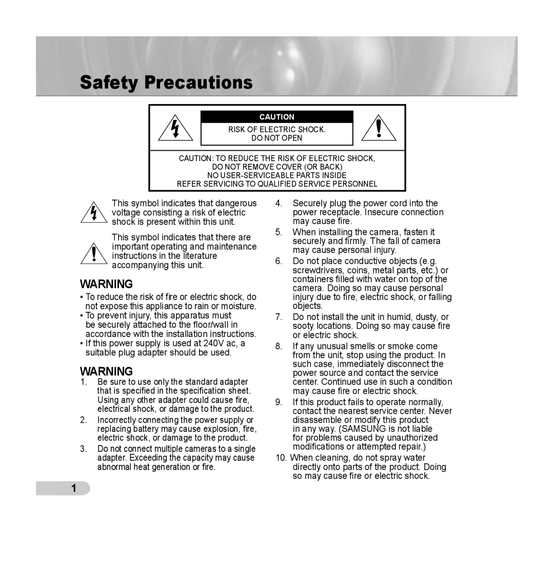 Samsung SCC-C7435P manual Safety Precautions 