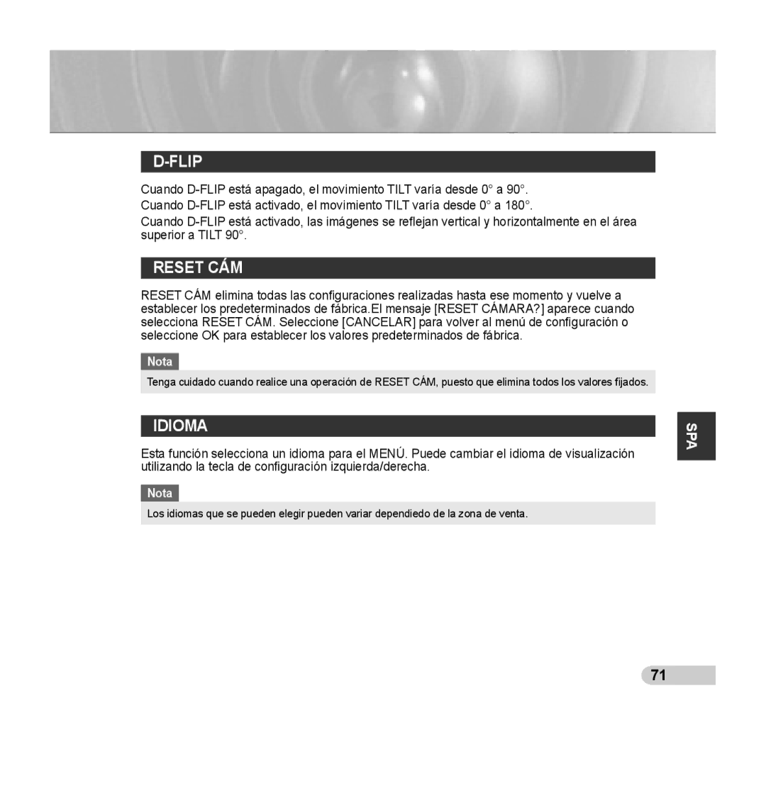 Samsung SCC-C7435P manual Reset CÁM, Idioma 