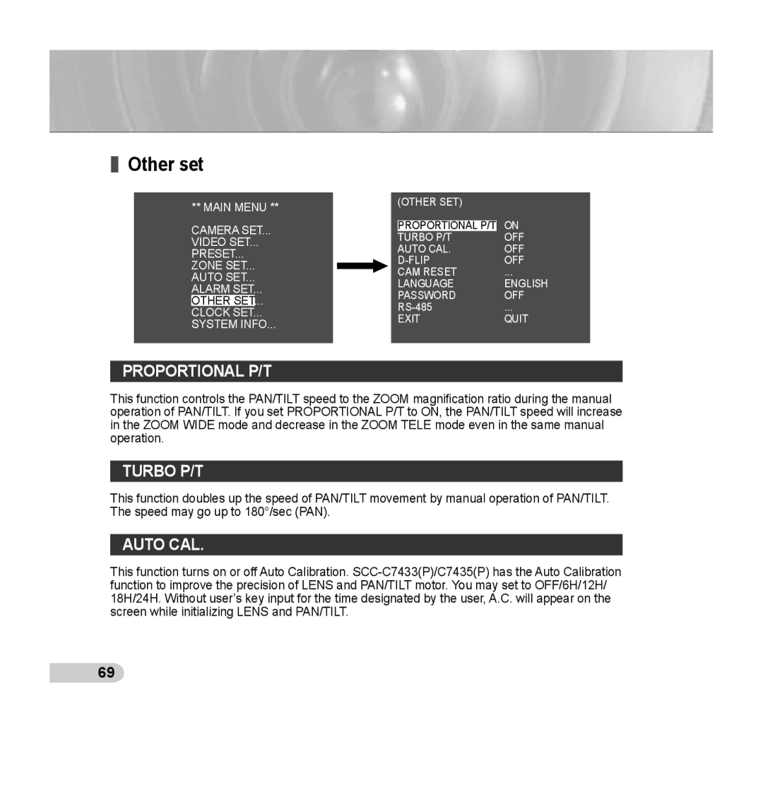 Samsung SCC-C7435P manual Other set, Proportional P/T, Turbo P/T, Auto CAL 