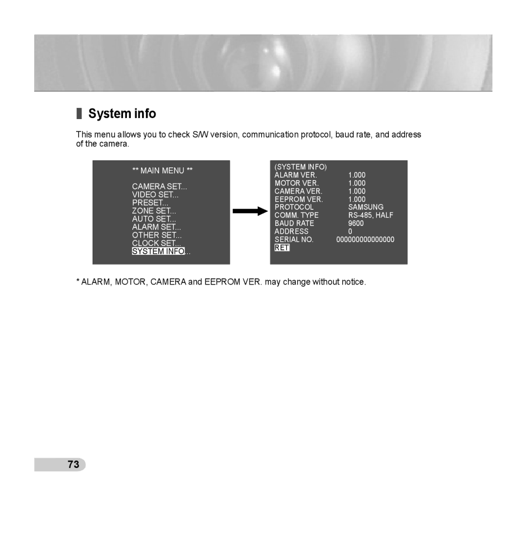 Samsung SCC-C7435P manual System info 